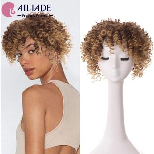 AILIADE Synthetic Hair Pieces Clip in Hair Pieces Wig 3 Clip Short curly Hair With Bangs Fake Hair Hairpiece For Women