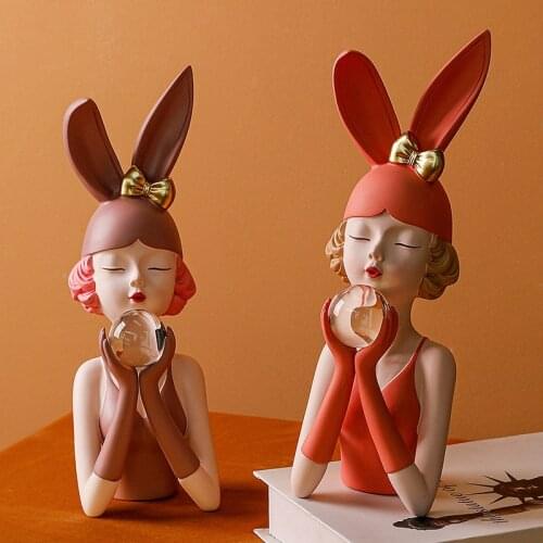 Cute Resin Girl Statue Nordic Decor Rabbit Lady Sculpture Living Room Decoration Accessories Modern Room Bedroom Cafe Decoracion