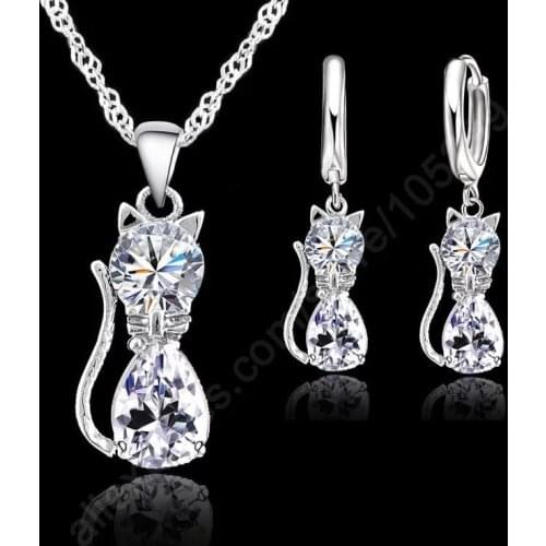 Genuine 925 Sterling Silver Cubic Zirconia Cat Kitty Necklace Pendant+Leverback Earrings Hot Jewellery Sets Accessories