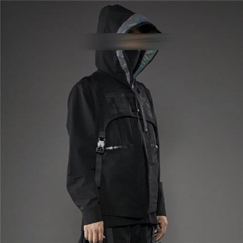 PUPIL TRAVEL PT-1913 Techwear Reflective Half Hoody Vest Buckle Rig Molle Design Hip Hop Style Punk Fashion