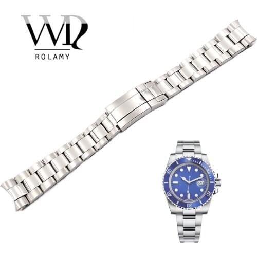 Rolamy 20 21mm Hollow Curved End Solid Screw Links Stainless Steel Replacement Watchbands Watch Band Strap For Rolex Submariner