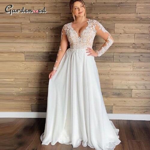 Plus Size Boho Wedding Dress 2020 Illusion Lace Backless Bride Dresses Full Lace Sleeves Dress Wedding Gowns Sexy Wedding Dress