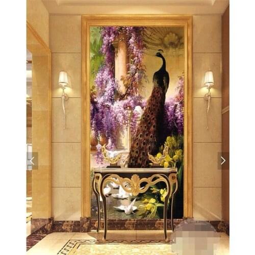 Vertical European style hand-painted oil painting living room painting entrance au pair bird of good faith peacock modern mural