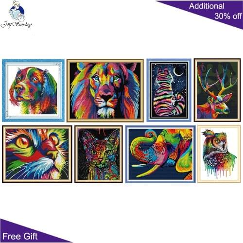 Cross stitch kits Rainbow Dog Owl Elephant Coloured Lion Striped Cat Colorful Deer Cat cross stitch Stamped Animal cross stitch