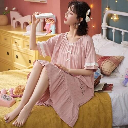 Plus Size "M-4XL" Womens Homedress Nightdress Half Sleeve Nightgowns Girls Sleepwear Cotton Sleepshirts Loose Home Clothing