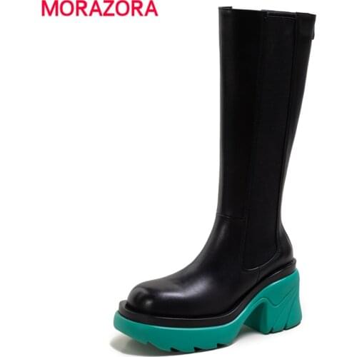 MORAZORA Plus Size 34-42 Brand Women Boots Square High Heels Platform Knee High Boots Women Zip Fashion Chelsea Boots Lady Shoes