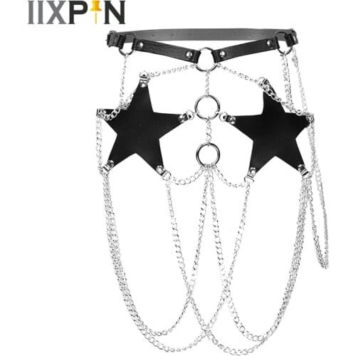 Womens Punk Gothic Waist Belt Adjustable Fuax Leather Harness Cage Belt Waist With Stars Long Chain Tassel Costume Waistband