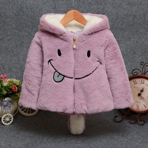 Baby girl winter jacket coral fleece hooded zipper jacket cartoon smiling face plus velvet thick warm plush jacket baby jacket