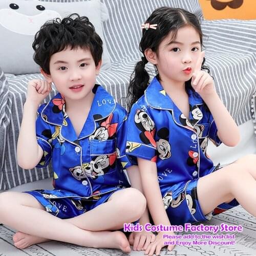2021 Mickey Kids Pyjamas Silk Satin Tops Pant Summer Sleepwear Girls Boy Pajama Sets Childrens Clothing Boys Minnie Pijama Set