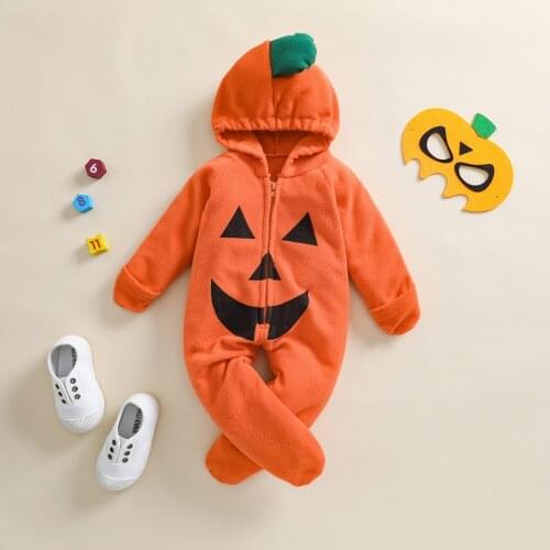 Cute Halloween Baby Pumpkin Hooded Romper Long Sleeve Fleece Full Zip Footed Jumpsuit Toddler Infant Warm Outwear