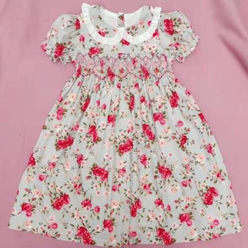 Summer baby girls vintage floral smocking dress kids hand made embroidered solid cotton princess dress
