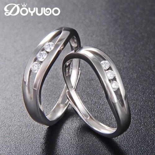 DOYUBO 925 Sterling Silver Lovers Rings For Men&Women Adjustable Silver Couples Rings With Cubic Zirconia Engagement Rings VB263