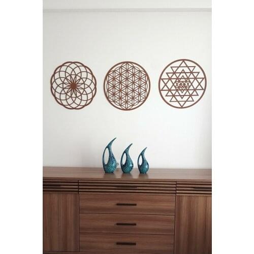 Evdeucuz Flower of Life Sri Yantra And Torus 3'lü Set Brown Wall Table