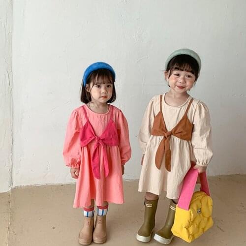 Girls Dress Button Sling Bow-knot Cotton Princess Dress Autumn Spring puff sleeve Long Sleeve Wedding Party Kids Girl Dress