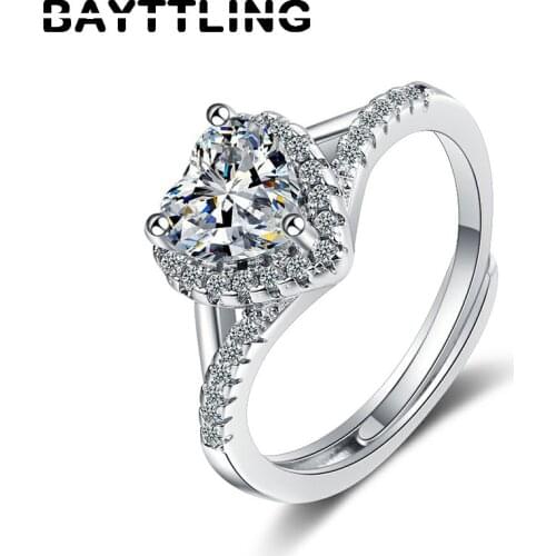 BAYTTLING 925 Sterling Silver Fashion Heart-shaped Zircon Ring For Woman Open Wedding Valentines Day Jewelry Accessories