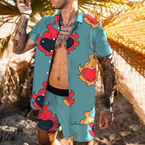 Summer New Mens Short-sleeved Fashion Suit 3D Flame Love Pattern Casual Beach Pants + Short-sleeved Shirt Mens Loose Suit