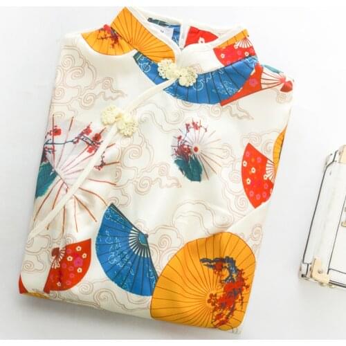 Summer cheongsam young girl anime Ancient Japanese folding fan umbrella printing Chinese style dress
