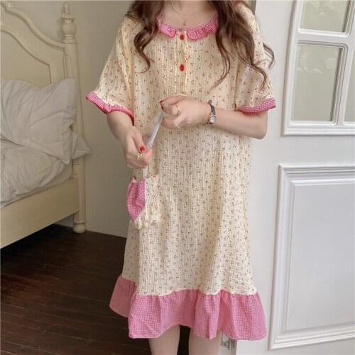 Plaid Cherry Print Summer Nightgown Women Korean Loose Short Sleeve Pockets Long Sleepwear Home Clothes Patchwork Design