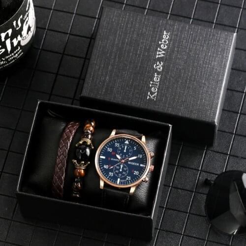 Practical Male Watch Gift Box Quartz Rose Gold Case Leather Watchband Mens Wrist Bracelet Chain Birthday Gifts Set for Dad Son