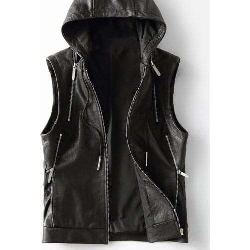 2020 New Leather Vest Hooded Genuine Leather Jacket Men Sheepskin Coat Casual Mens Vests Vintage Colete Masculino KFS19M014