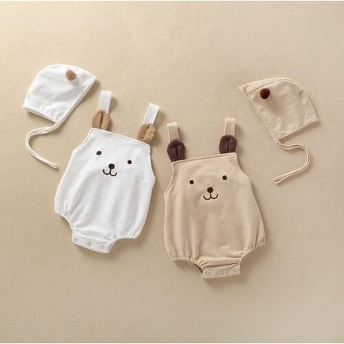 Spring Autumn Infants Boys Girls Cute Bears Costume Sleeveless Straps Two-piece Cotton Romper Hat for 0-2 Year Baby