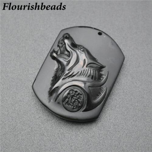 Natural Black Obsidian Stone Rectangle Shape Carved Wolf Head Stone Wild Style Pendants Fit Necklace Makings 10pcs Per Lot