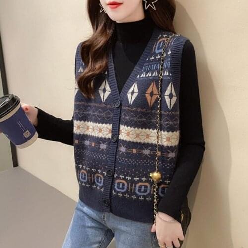 2021 Autumn Winter Women Sleeveless Pullovers Waistcoat Female Knitted Sweater Vest Ladies Retro V-neck Print Tops Jumper Q269