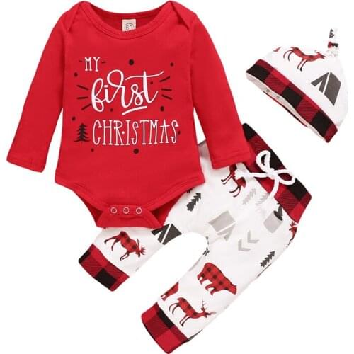 0-12M Infant Newborn Baby Boy Girl 3 Pcs Christmas Outfits Suits Long Sleeve Letter Printed Romper Top + Long Pant + Beanies Hat