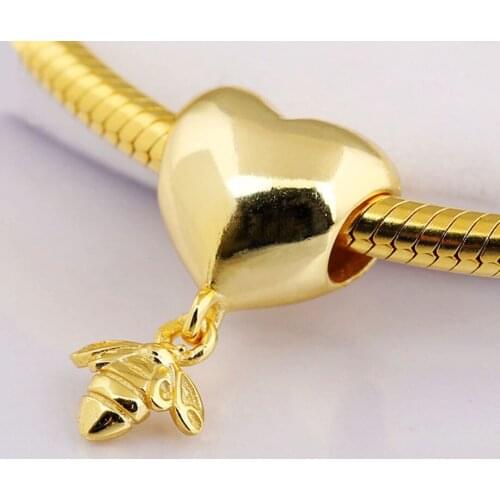 S925 Bead DIY Jewelry Heart & Bee Dangle Charm fit Lady Bracelet Bangle Lady Dangle Gold Colour
