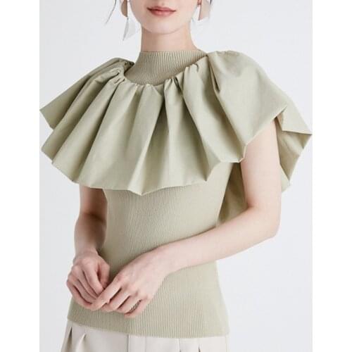 Kuzuwata Detachable Oblique Shoulder Ruffle Patchwork Sleeveless Knitting Pullover 2021 Autumn New Design Jumper Fashion Sweater