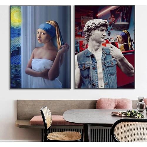 Funny Pearl Girl and David Canvas Painting Creative Portrait Posters and Prints Wall Art Picture For Living Room Home Decor