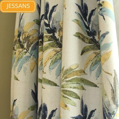 American Country Banana Leaf Cotton and Linen Jacquard Shading Curtains for Living Dining Room Bedroom