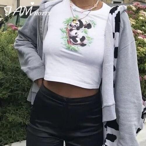2021 Summer White Panda Printing Harajuku T-shirt Women Casual Short Sleeve Basic Cotton Crop Top y2k Aesthetic Shirts Iamhotty