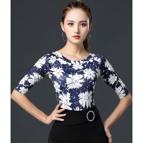Latin Dance Clothes For Ladies Tango Waltz Samba Cha Cha Tap Dance Tops Round Collar Print Ballroom Performance Shirts DNV13855