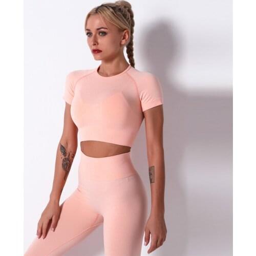 Women Seamless Sport Shirts Solid Color Women Workout Top High Elastic Gym Fitness Top Female Running Breathable Short Sleeve T