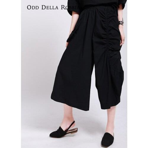 OddDellaRobbia Women Summer Japanese Streetwear Irregular Trousers Elastic Waist Solid Color Pleated Wide Leg Pants Overalls1416