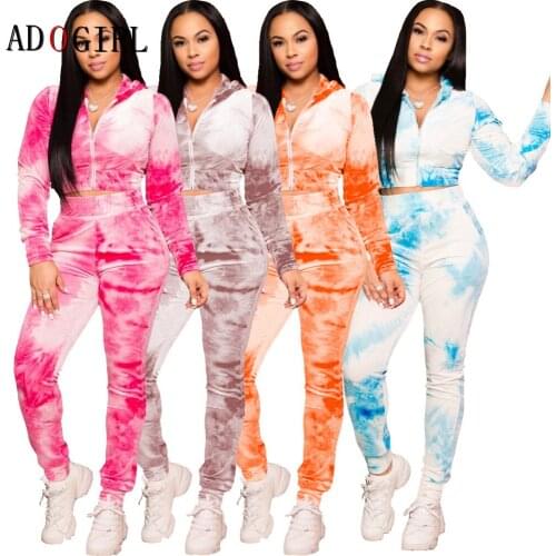 Adogirl Winter Warm Tracksuits Women Tie Dye Set 2 Piece Joggers Set Long Sleeve Jacket Top And Pants Matching Sets Plus Size