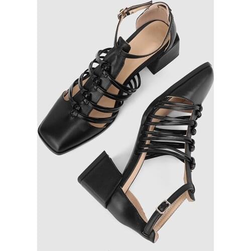 GUIDIBASIC2021Womens Sandals Women Heels Summer Shoes For Roman Style Genuine cow Leather Hand-Made Square Head Thick Heel