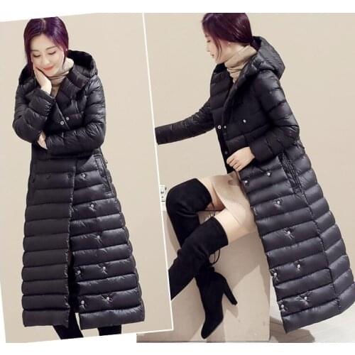 Womans Ultra Light Down Jackets Slim Hooded Extra Long Women White Duck Down Padded Coats Warm Duck Down Parkas With Belt