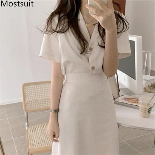 Korean Solid Fashion Two Piece Skirt Sets Women Short Sleeve Blazer + High Waist Long Skirt Suits Office Elegant Set Femme 2020