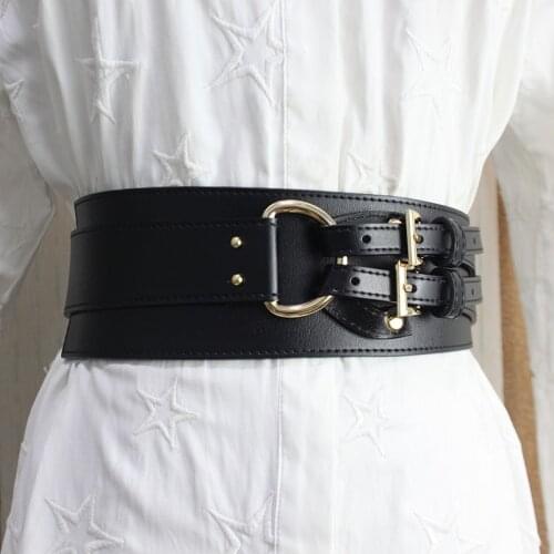 Double Buckle Pins Wide Corset Strap For Women Multi-colors Cow Leather Suit Jacket Dress Sweater Waistband Cowhide Cinture Belt