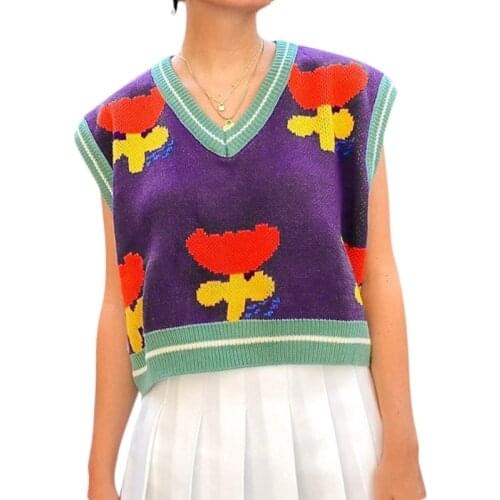 Women Knitted Sleeveless Vest Harajuku Contrast Colored Floral Jacquard Sweater Oversized Loose V-Neck Pullover Tank Top