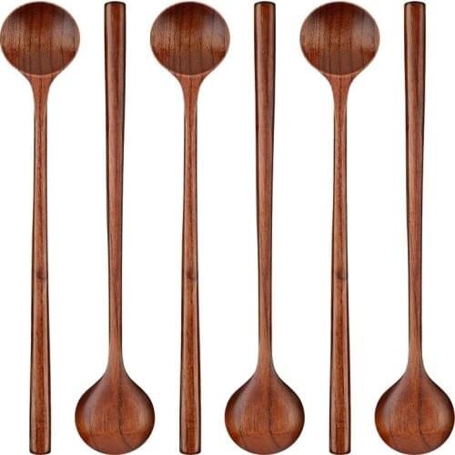 6 Pieces Wooden Long Spoons Long Handle Round Spoons Korean Style Soup Spoons for Soup Cooking Mixing Stirring Kitchen