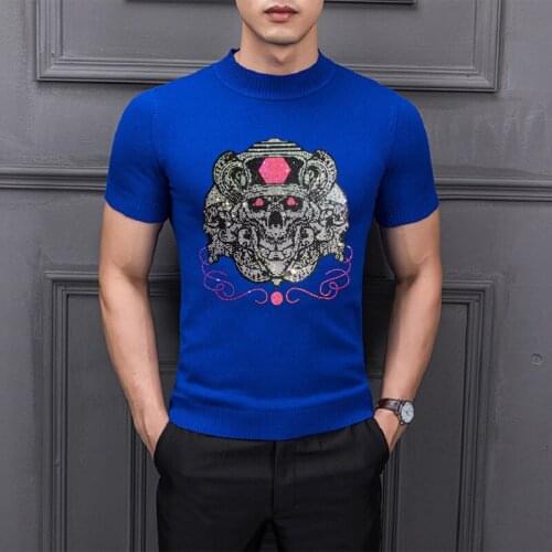 8 Colors Unique Hot Diamond Design Mens Turtleneck Short-Sleeved Summer Slim Cashmere Knitted T-Shirt