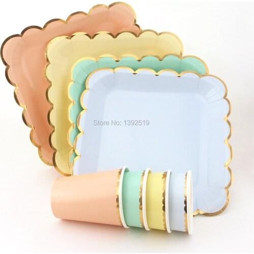 80sets 9inch Plain Square Paper Plates Paper Cups with Gold Scallop Edge For Sweet First Birthday Wedding Dinner Tableware Decor
