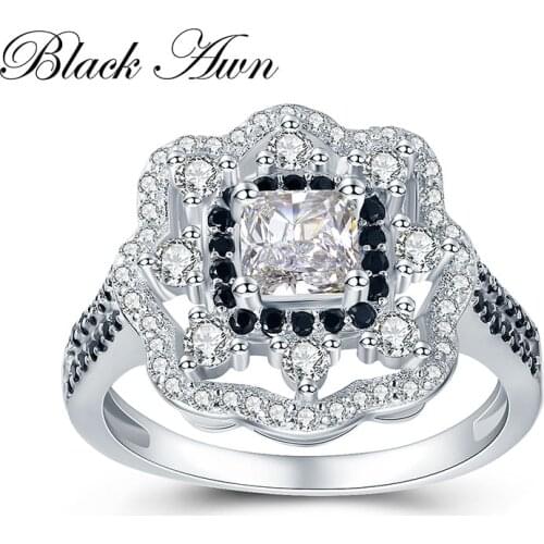[BLACK AWN] Flower Wedding Rings for Women 4.3g 925 Sterling Silver Jewelry Engagement Ring Bague C423
