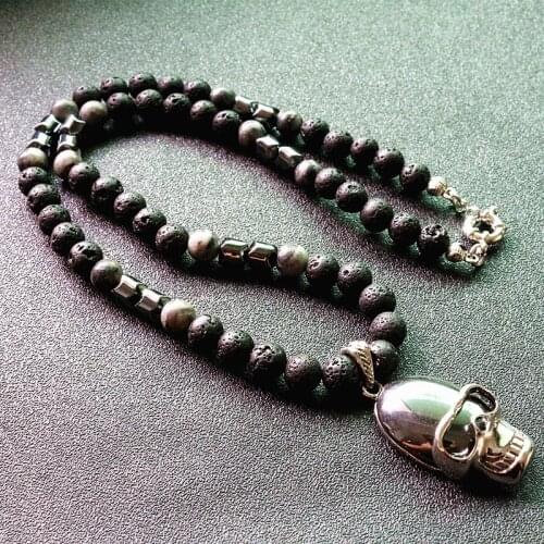 Black BLava Stones Bead with Hematite Retro Gothic Skull Pendant Necklace Punk Mens Necklace