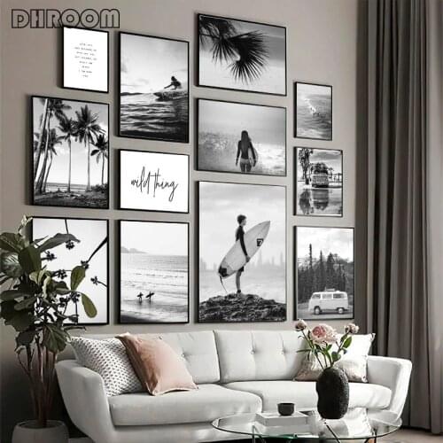 Black White Travel Poster Sea Beach Surfing Wall Art for Livingroom Canvas Painting Nordic Posters and Print Wall Pictures Decor