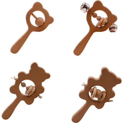 Wooden Rattle Beech Bear Hand Teething Wooden Ring Baby Rattles Play Gym Montessori Stroller Toy Educational Toys
