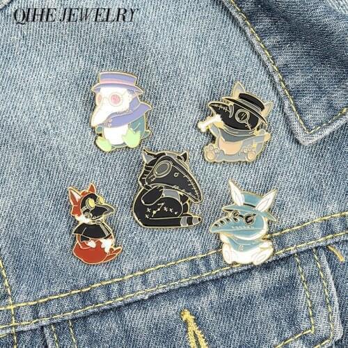 Plague Doctor Enamel Pins Spooky Cute Animal Doctor Fox Rabbit Dog Lapel Pins Steampunk Pin Up Men Women Jackets Accessories